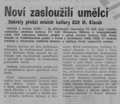 Vladimír Menšík zasloužilým umělcem (3.5.1974)